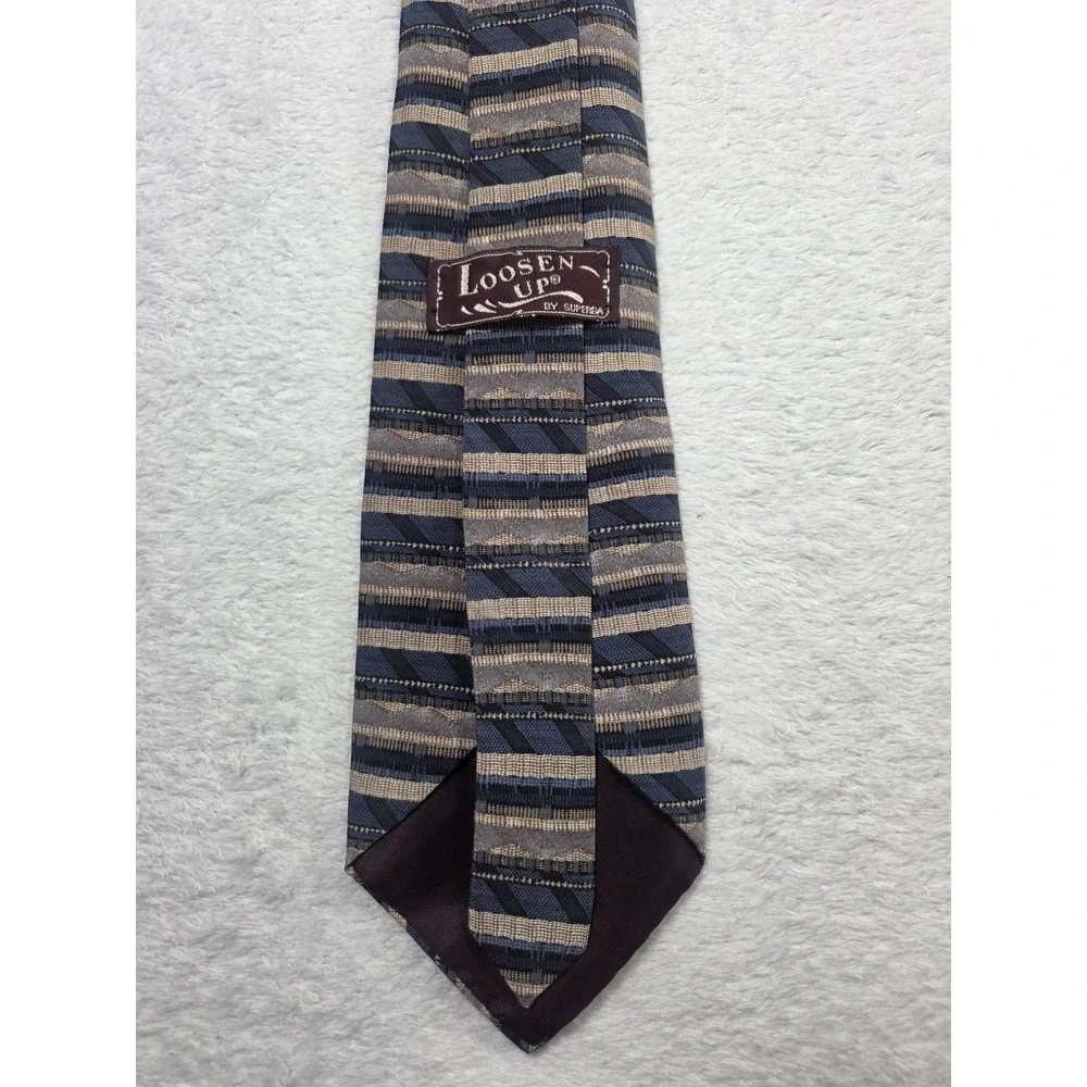 Vintage Superba Loosen Up Silk Tie Blue Taupe Stripe Pattern Classic Business...